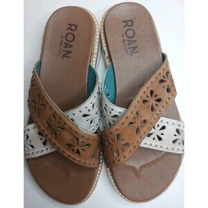 ROAN BedStu Sandal 8.5 Chant Leather Slip-on Slide Brown /Ivory Floral Cutouts